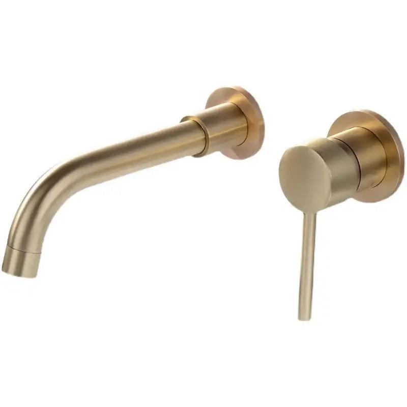 Modern brass curved wall mounted faucet and handle set with sleek design for bathroom fixture in brass finish