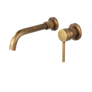 Modern brass curved wall mounted faucet with sleek curved spout and matching cylindrical handle for bathroom use
