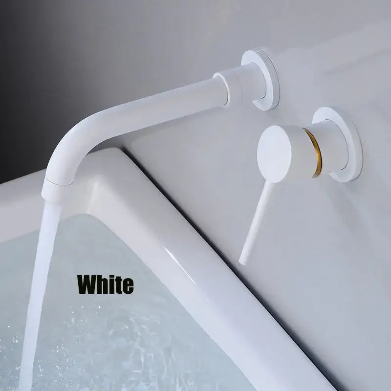 Modern white brass curved wall mounted bathtub faucet with sleek spout and minimalist bathroom fixture design