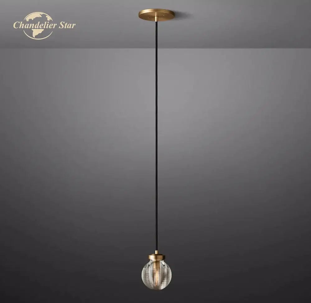 Modern brass decorbites crystal pearl pendant light with gold ceiling mount and clear vertical ridged glass globe shade