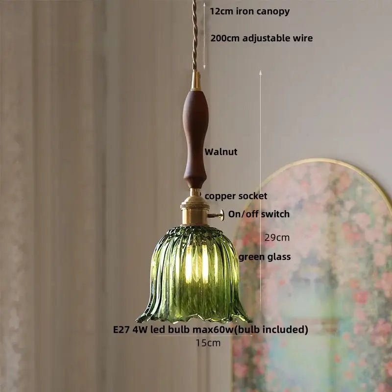 Modern brass decorbites cube amber pendant lamp with green glass, walnut iron canopy, and copper socket for dining room