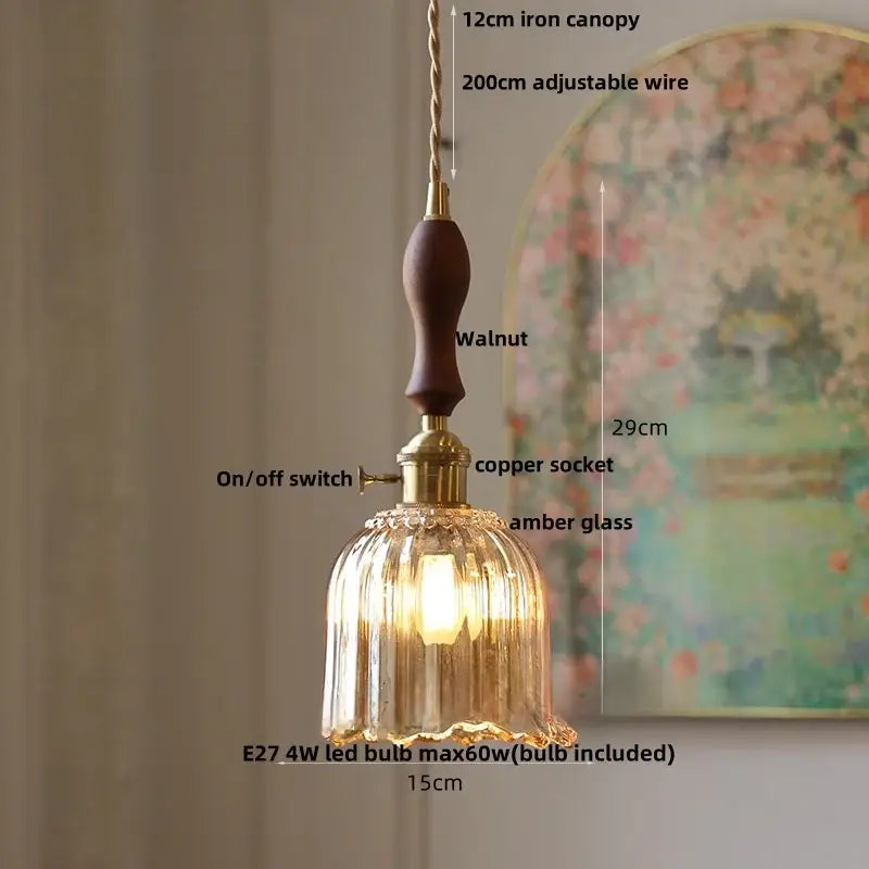 Modern brass decorbites cube amber glass pendant lamp with warm amber fluted glass and dark walnut wooden handle