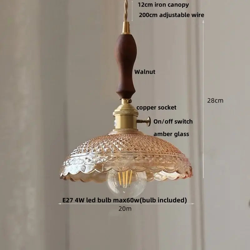 Modern brass decorbites cube amber pendant lamp with dark walnut canopy and scalloped cube amber glass shade for dining room