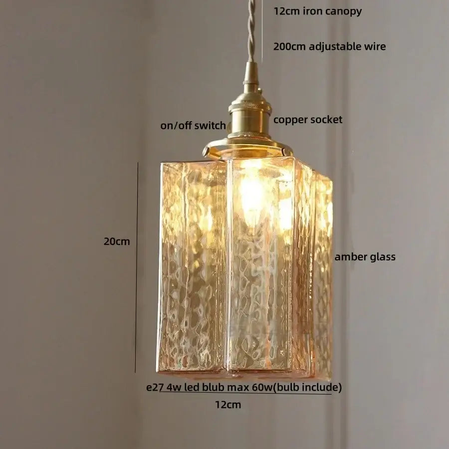 Modern brass decorbites cube amber glass pendant lamp with warm amber textured hammered finish and brass hardware