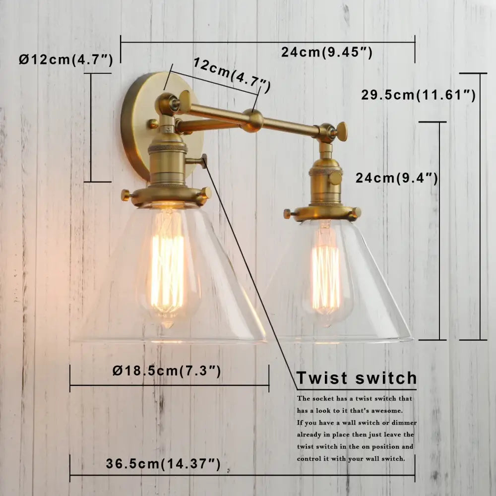Antique brass finished industrial wall sconce with clear decorbites funnel glass shades and exposed filament bulbs light fixture
