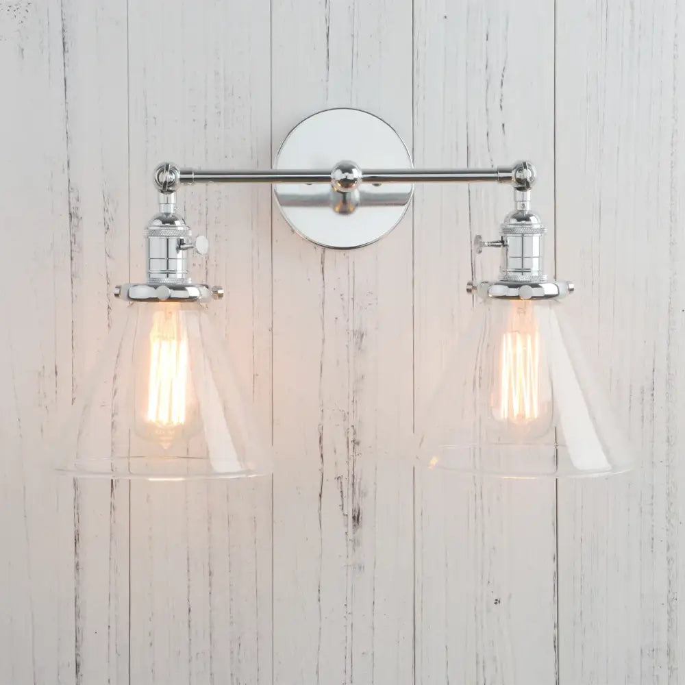 Modern brass decorbites funnel glass wall sconce with chrome finish double-light fixture and clear glass shades for bedroom