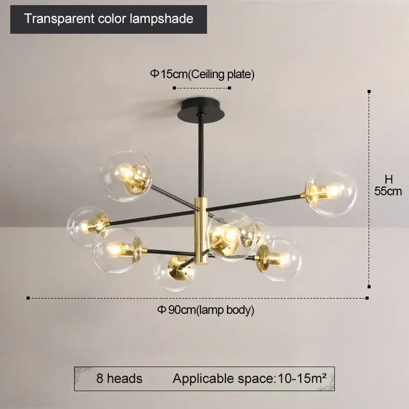 Modern black and brass decorbites glass ball led chandelier with eight clear glass globe shades for kitchen lighting