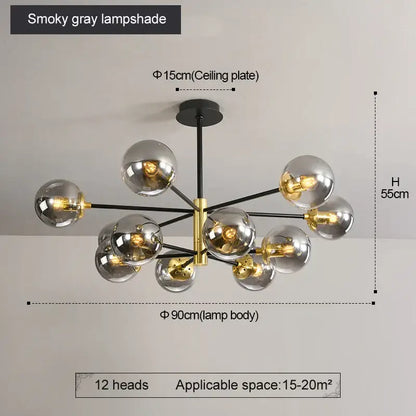 Modern brass decorbites glass ball led chandelier with twelve smoky gray glass globes and black gold arms for kitchen lighting