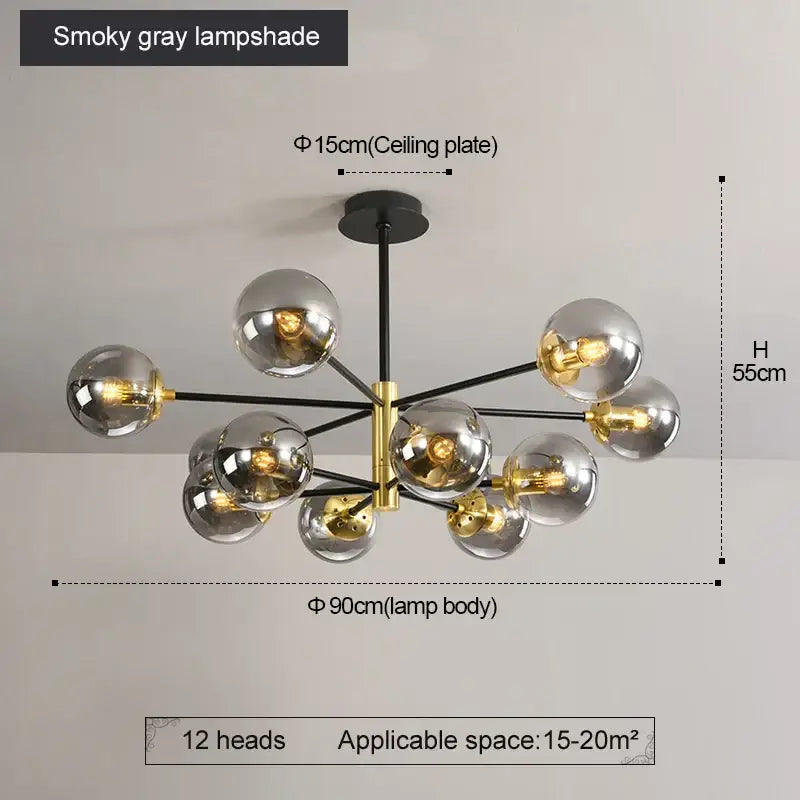 Modern brass decorbites glass ball led chandelier with twelve smoky gray glass globes and black gold arms for kitchen lighting