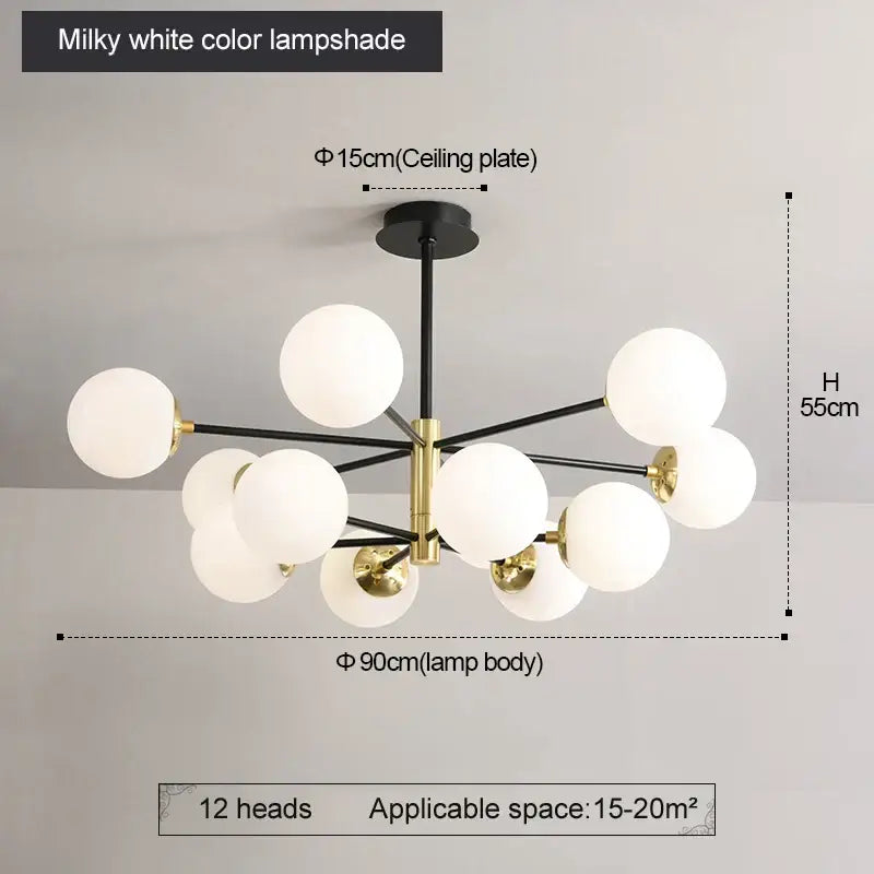 Modern brass decorbites glass ball led chandelier with milky white spherical lampshades and black gold metal arms