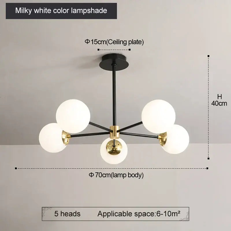 Modern brass decorbites glass ball led chandelier with black and brass frame and five milky white lampshades for kitchen lighting