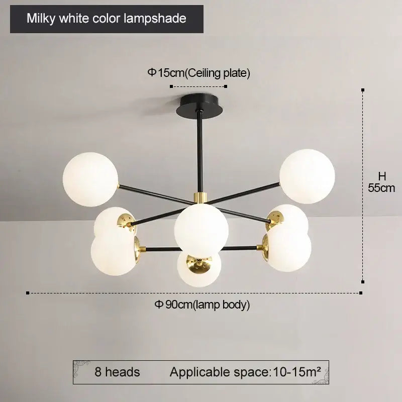 Modern brass decorbites glass ball led chandelier with milky white spherical lampshades black arms and gold accents