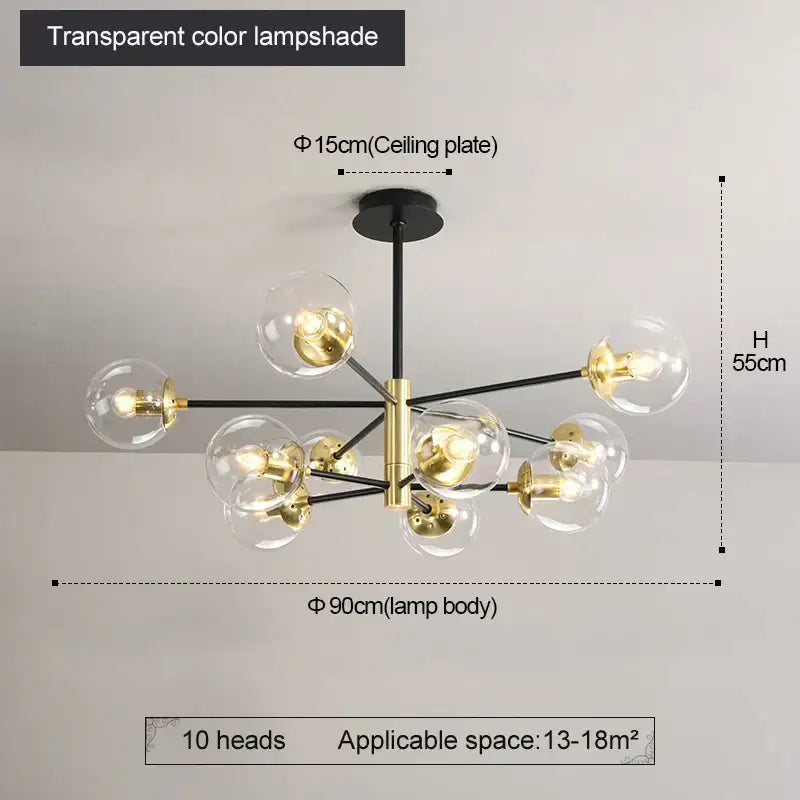 Modern brass decorbites glass ball led chandelier with black and brass frame and ten illuminated light heads for kitchen lighting
