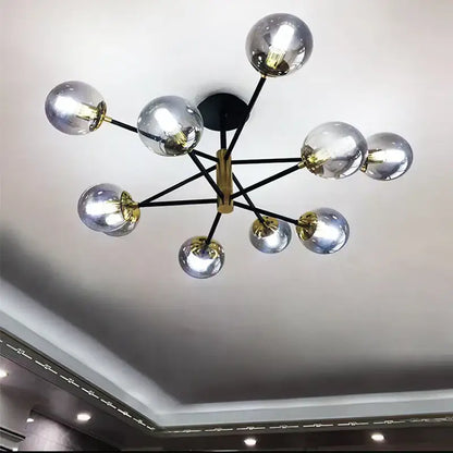 Modern brass decorbites glass ball led chandelier with nine silver glass spheres on black arms for kitchen lighting