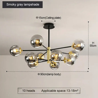 Modern brass decorbites glass ball led chandelier with smoky gray glass globes and black arms for kitchen lighting