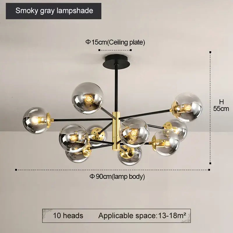 Modern brass decorbites glass ball led chandelier with smoky gray glass globes and black arms for kitchen lighting