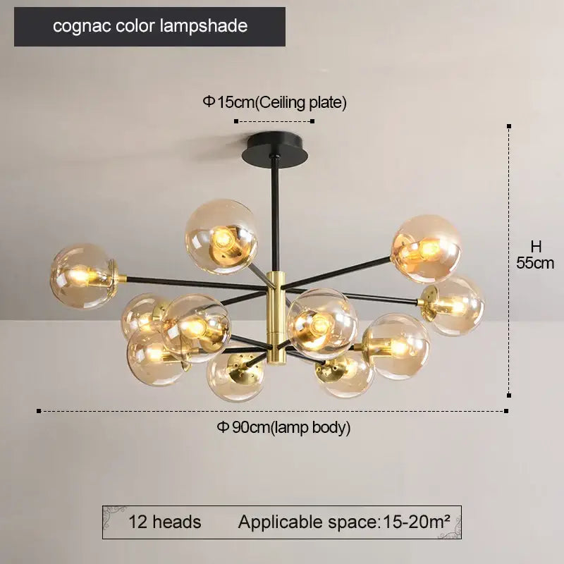 Modern brass decorbites glass ball led chandelier with cognac glass globe and black arms for kitchen lighting