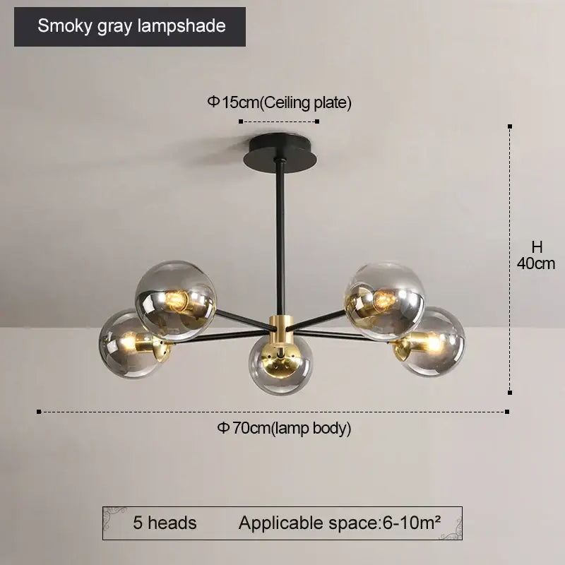Modern brass decorbites glass ball led chandelier with five smoky gray glass globes and black metal frame for kitchen lighting