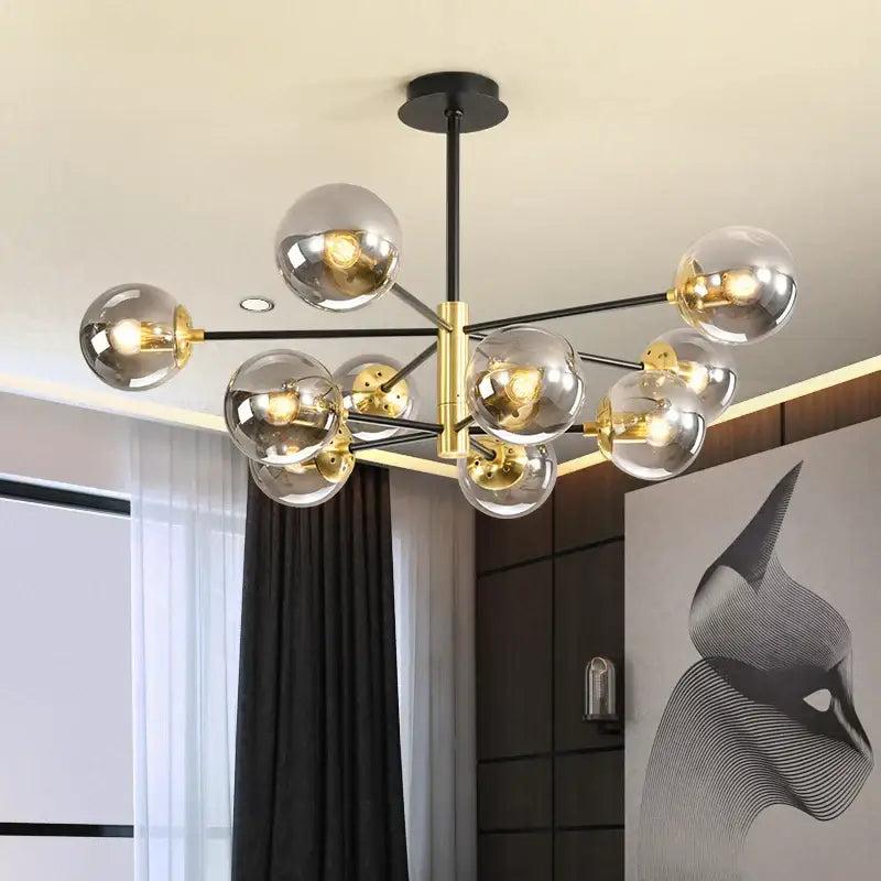 Modern brass decorbites glass ball led chandelier with multiple clear glass spheres on black and gold metal frame for kitchen lighting