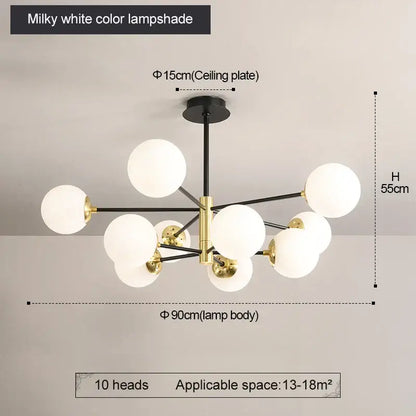 Modern brass decorbites glass ball led chandelier with ten milky white spherical lampshades on black and gold frame