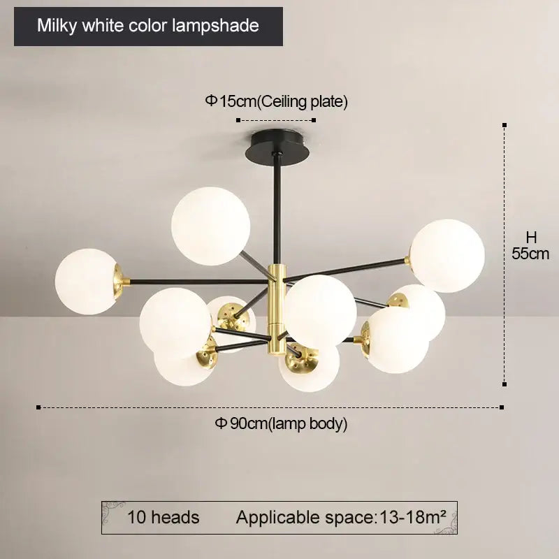 Modern brass decorbites glass ball led chandelier with ten milky white spherical lampshades on black and gold frame