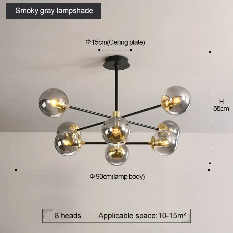 Modern brass decorbites glass ball led chandelier with eight smoky gray glass globes and black metal arms for kitchen lighting