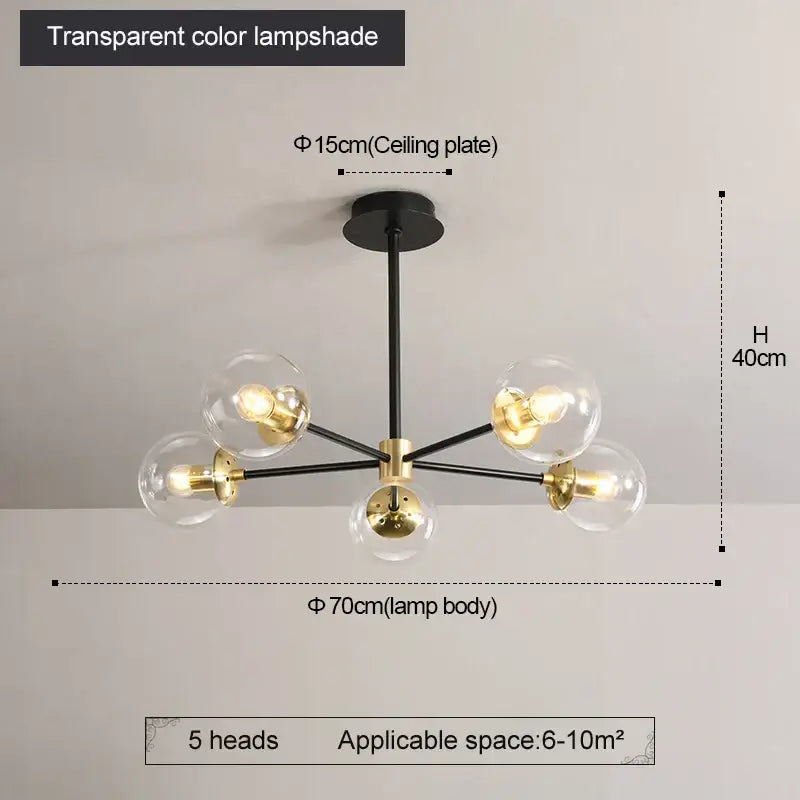 Modern brass decorbites glass ball led chandelier with five transparent glass globe shades for kitchen lighting