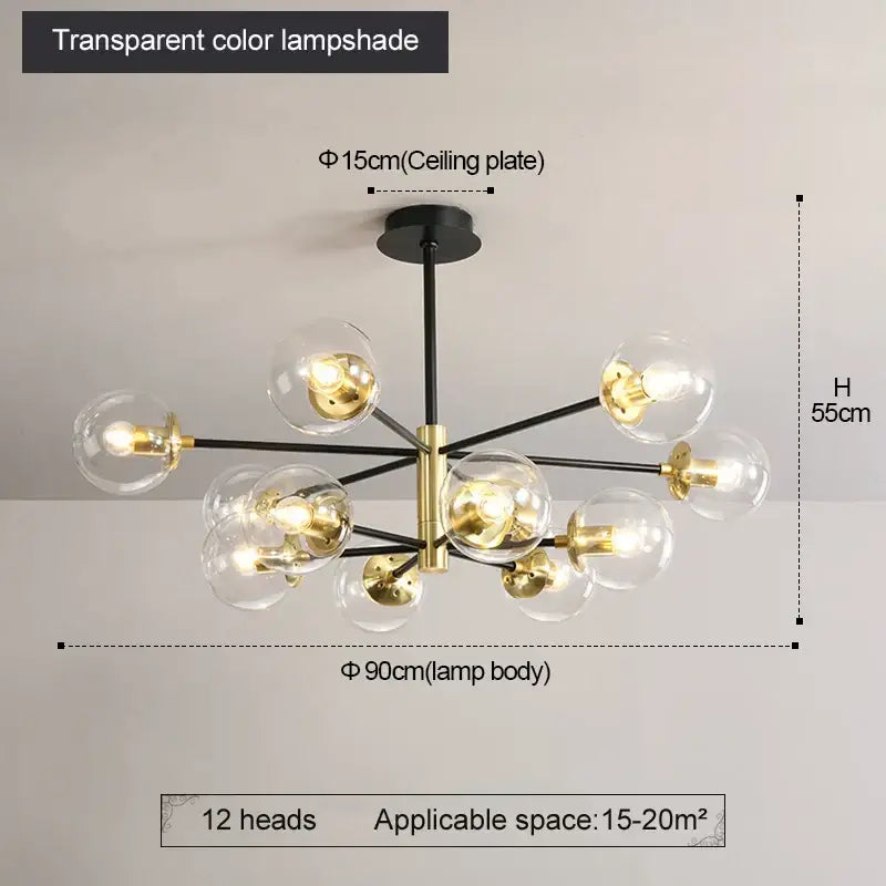 Modern brass decorbites glass ball led chandelier with black and gold metal frame and twelve illuminated glass ball led shades