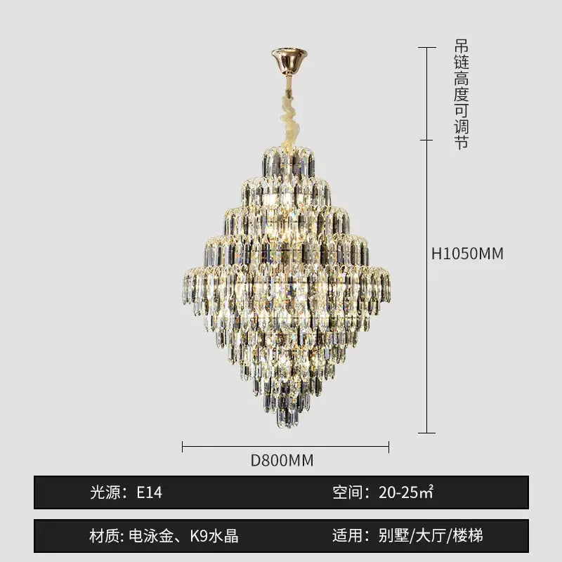 Modern brass decorbites designer led crystal chandelier with cascading clear k9 crystal prisms for dining room light