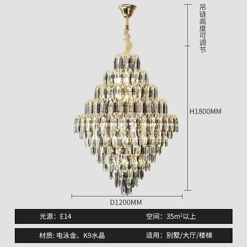Modern brass designer led crystal chandelier with cascading clear k9 prisms for dining room decorbites designer led light