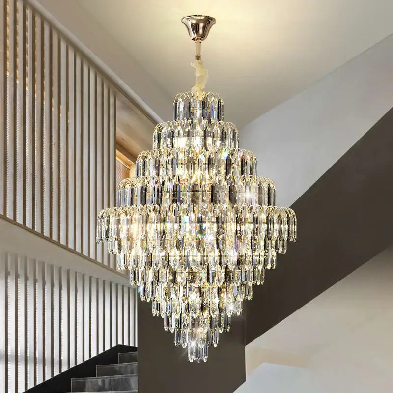 Modern brass decorbites designer led crystal chandelier with cascading clear glass prisms for dining room lighting