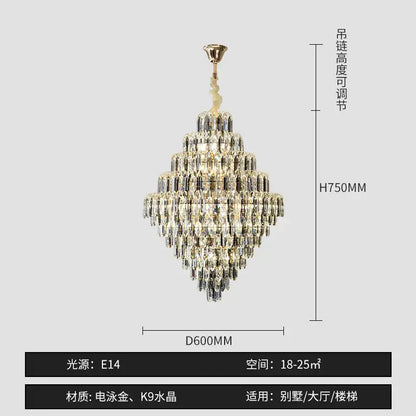 Modern brass designer led crystal chandelier with gold-toned metal frame and cascading k9 prisms for elegant room lighting