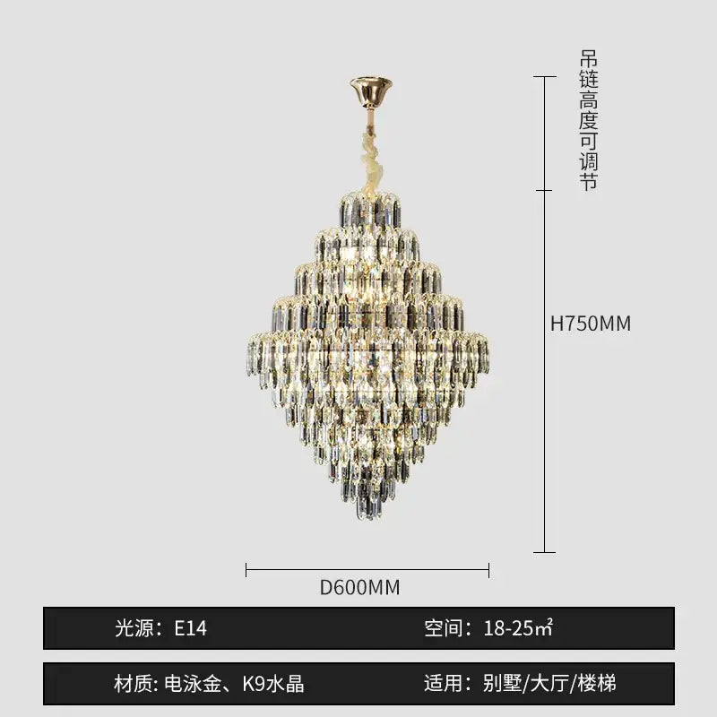 Modern brass designer led crystal chandelier with gold-toned metal frame and cascading k9 prisms for elegant room lighting