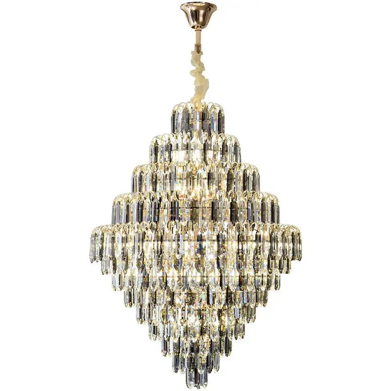 Modern brass designer led crystal chandelier with gold-toned fixture and cascading clear frosted prisms for dining room decorbites designer led