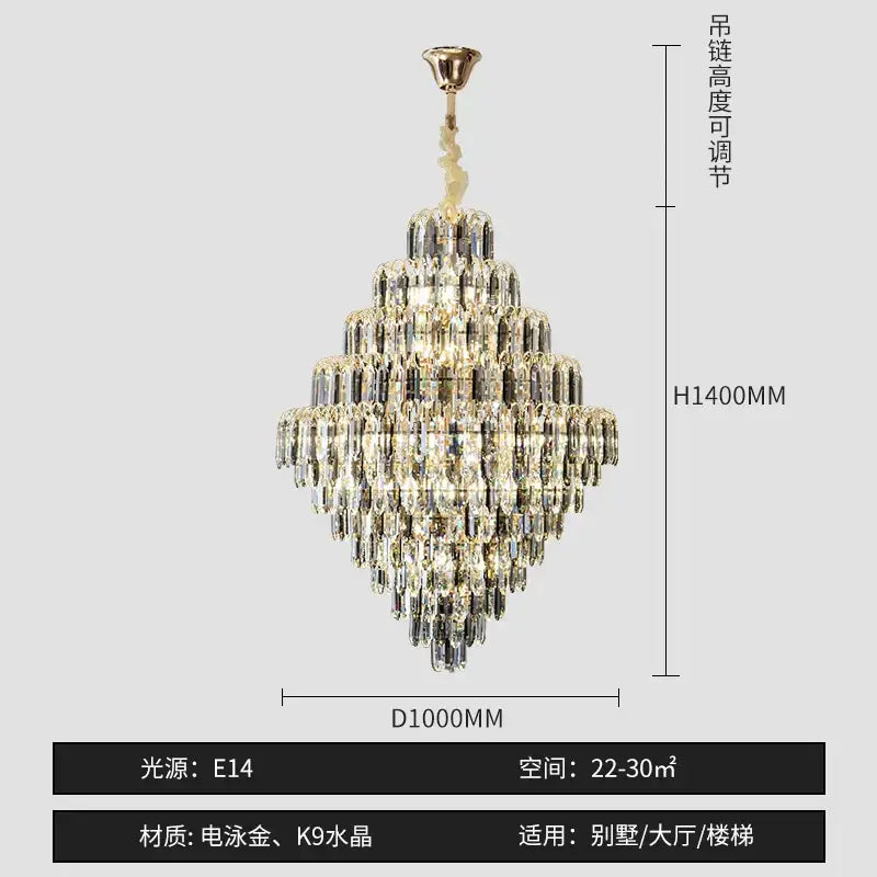 Modern brass designer led crystal chandelier with multi-tiered gold-plated frame and cascading clear k9 crystal prisms