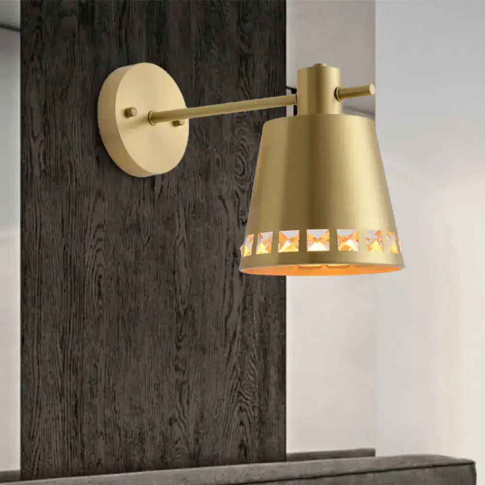 Modern brass diamond cutout wall lamp with gold-toned conical shade emits warm light compatible with e26 e27 bulbs