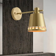 Modern brass diamond cutout wall lamp with gold-toned conical shade emits warm light compatible with e26 e27 bulbs
