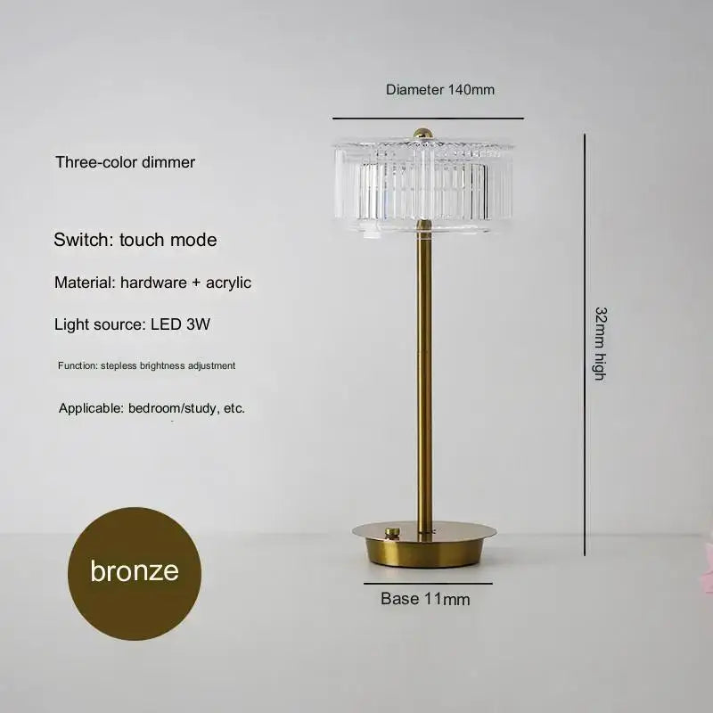 Modern brass diamond touch desk lamp with bronze finish clear acrylic ridged shade and led 3w light source