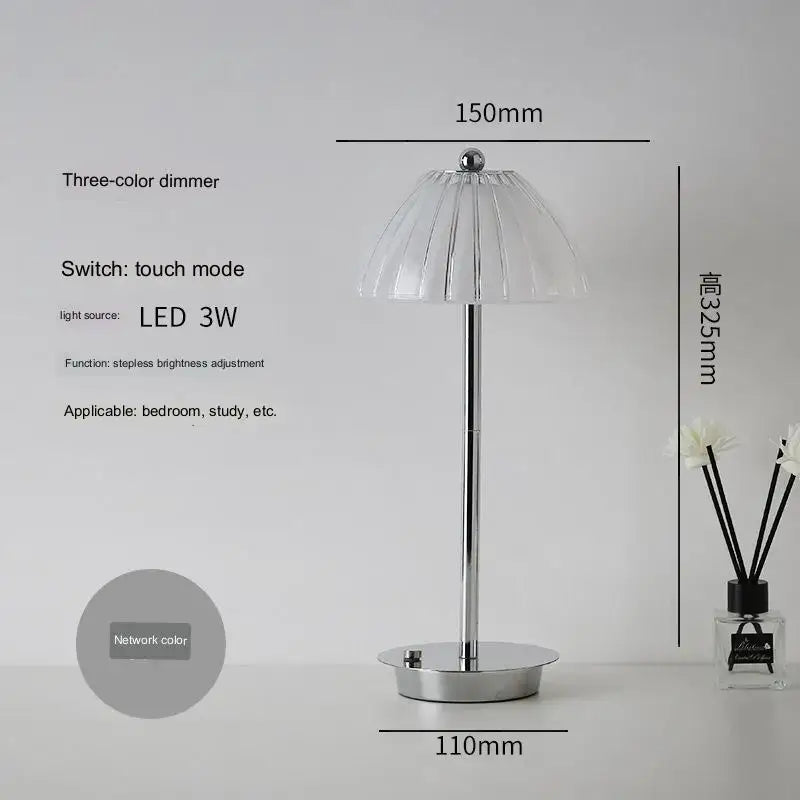 Modern brass diamond touch desk lamp with chrome finish, clear pleated glass shade, and LED lighting for bedroom use