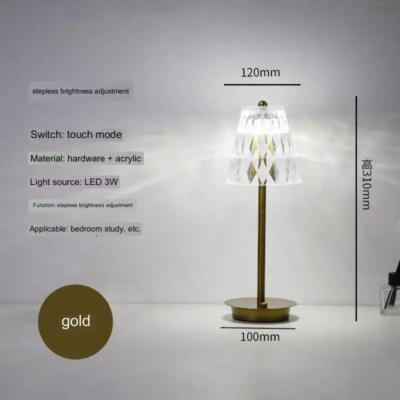 Modern brass diamond touch desk lamp with gold metallic base and faceted acrylic shade for bedroom lighting