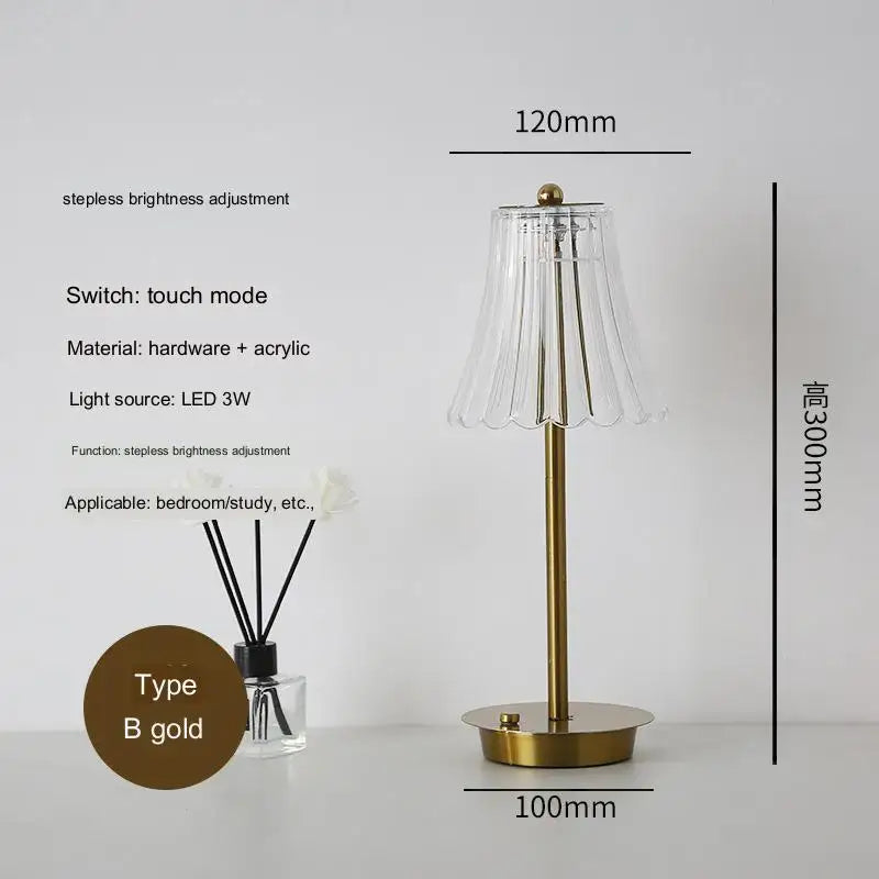 Modern brass diamond touch desk lamp with gold-toned metallic base and fluted acrylic glass shade for bedroom use