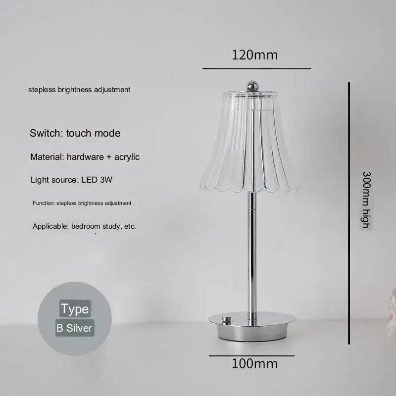 Silver diamond touch desk lamp with fluted acrylic shade and metallic base for modern bedroom lighting