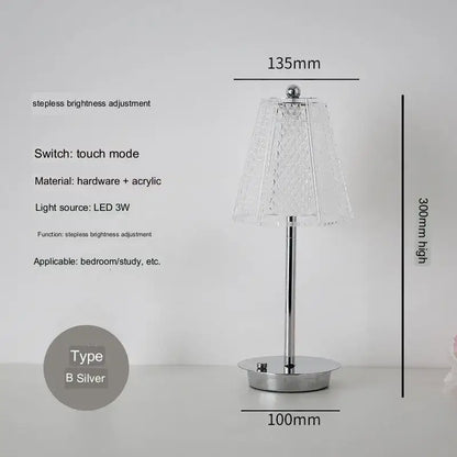 Silver diamond touch desk lamp with clear textured acrylic shade and chrome-finished base for modern bedroom use
