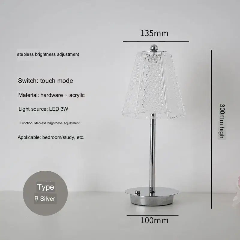 Silver diamond touch desk lamp with clear textured acrylic shade and chrome-finished base for modern bedroom use