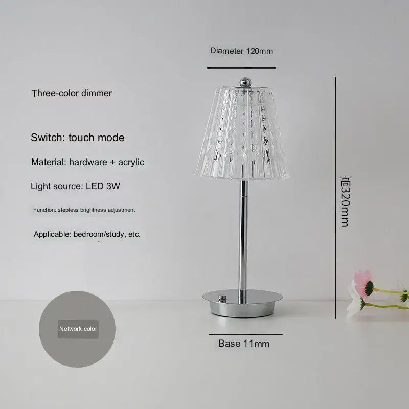 Modern brass diamond touch desk lamp with a clear acrylic ridged shade and polished chrome base for bedroom use