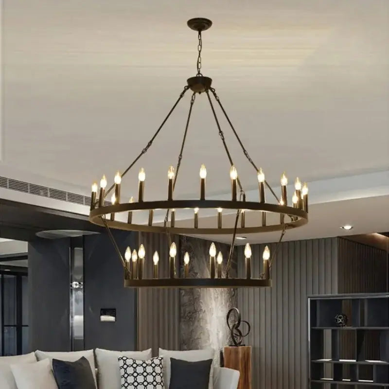 Modern brass double tier pendant chandelier with 24 candle-style bulbs for living room decorbites black metal led option