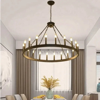 Modern brass double tier pendant chandelier with candle-style bulbs for living room decor featuring black metal led accents
