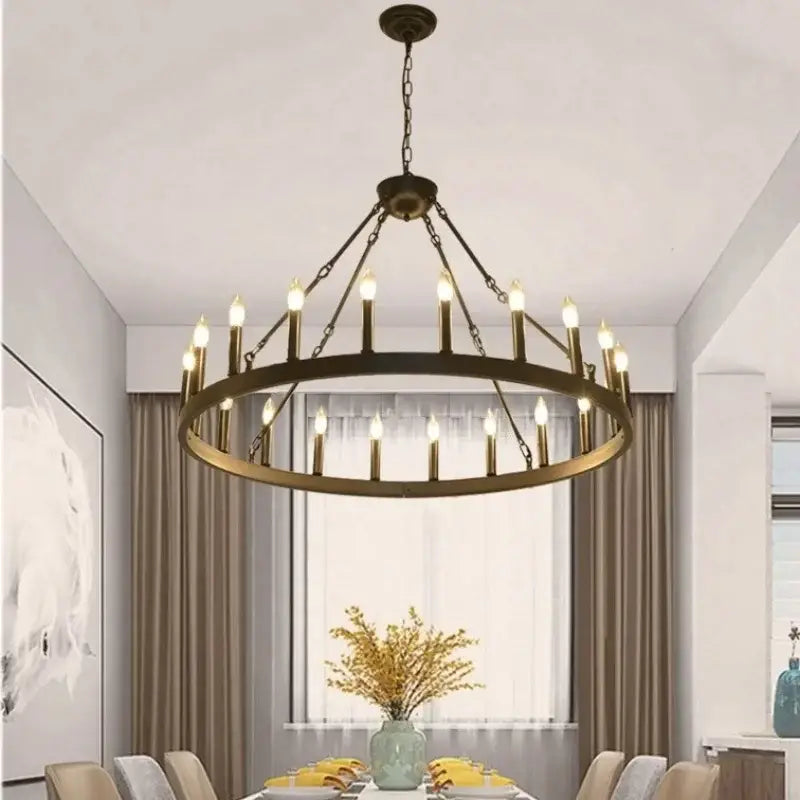 Modern brass double tier pendant chandelier with candle-style bulbs for living room decor featuring black metal led accents