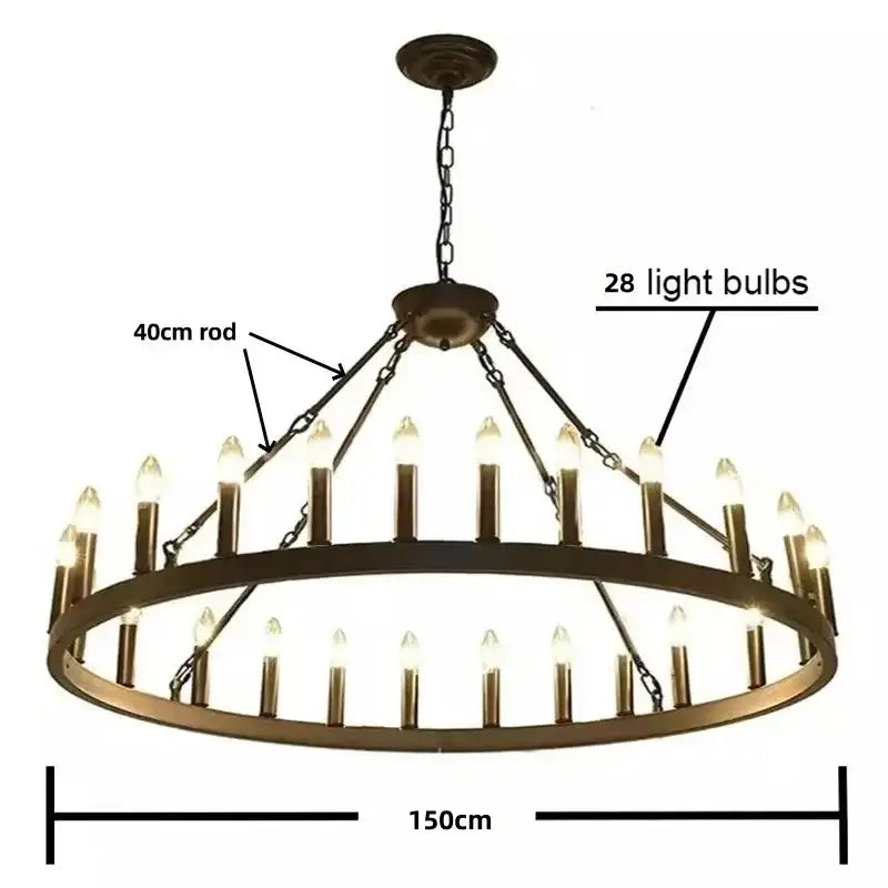 Antique brass circular pendant chandelier with 28 candle-style bulbs and 40cm rod for modern living room decorbites black metal