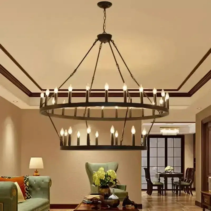 Black metal led pendant chandelier with two concentric rings and candle-style bulbs for modern living room decorbites black metal